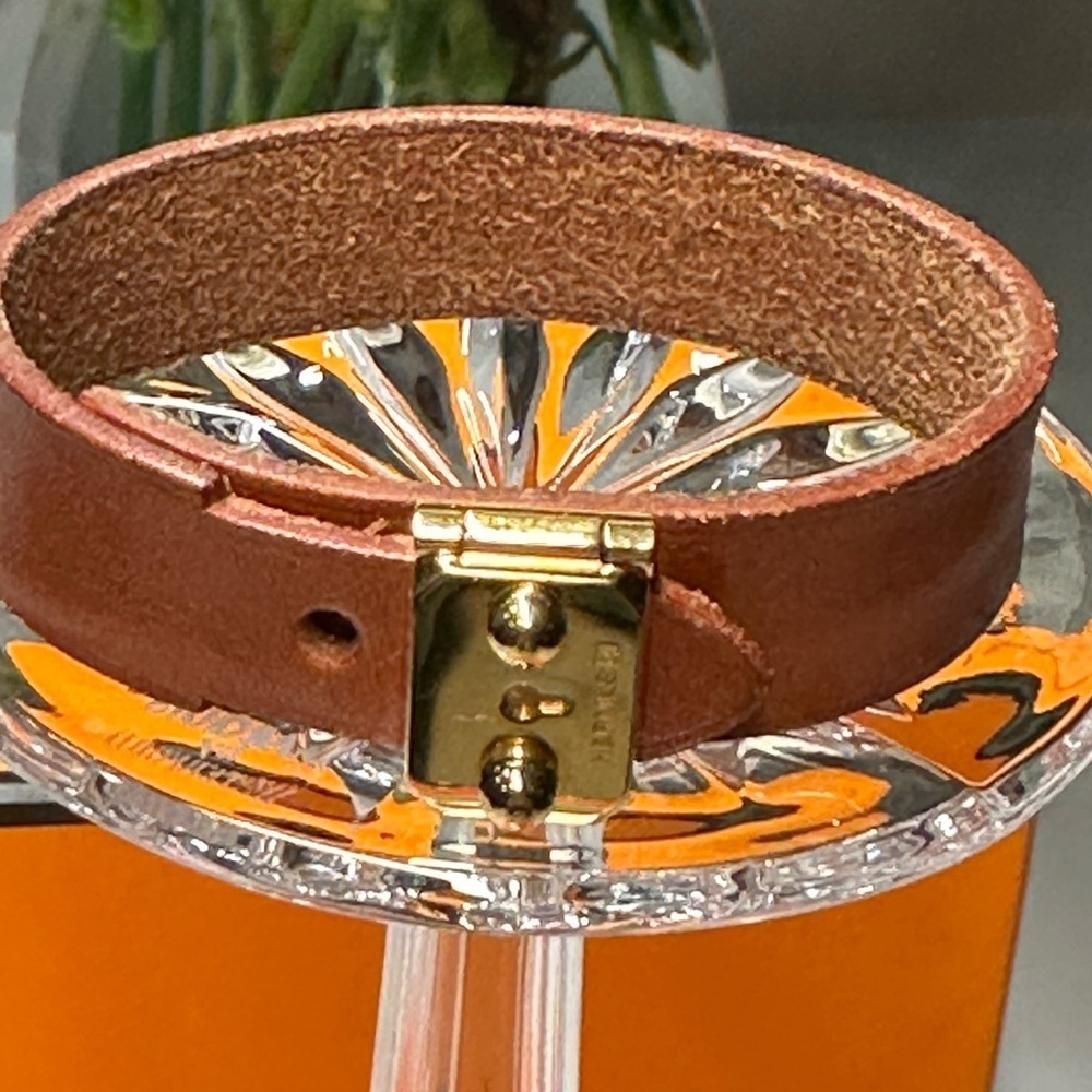 Hermes Leather Bracelet with gold tone hardware + Box + Dusty